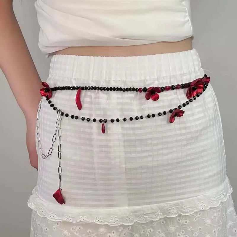 Women Jewelry Accessories For Black Dress - Vintage Red Flower Waist Chain for